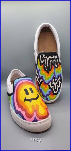 Custom Painted Vans Colorful Psychedelic Smiley Face Slip On Shoes Mens Womens Kids