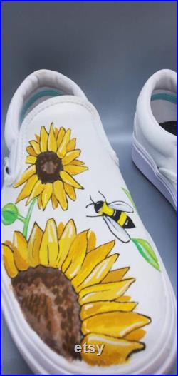 Custom Painted Vans Sunflower and Bumble Bee Shoes Vans or Converse Kids Mens Womens Slip on Lace Up