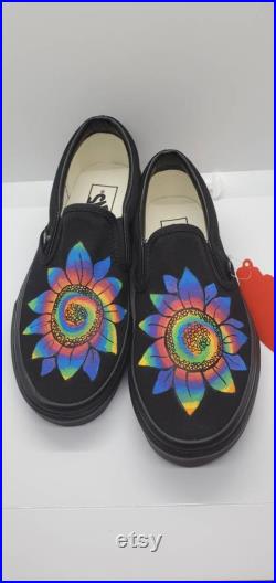 Custom Painted Vans Tie-Dye Sunflower Black Shoes Trippy Psychedelic Art Personalized Gift Adult Kids