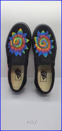 Custom Painted Vans Tie-Dye Sunflower Black Shoes Trippy Psychedelic Art Personalized Gift Adult Kids