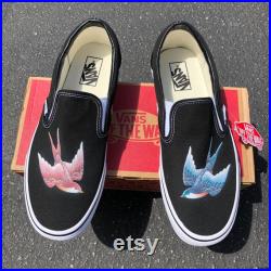 Custom Traditional Sparrow Tattoo on Black Slip on Vans Men's and Women's Shoes