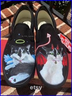 Custom Vans Shoes Handpainted Pet Portraits Angel and Devil Theme Cat lover, animal lover personalized gift, special gift, gift for him