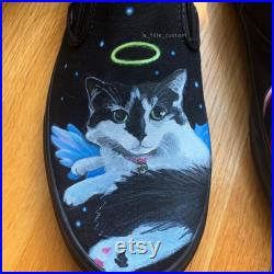 Custom Vans Shoes Handpainted Pet Portraits Angel and Devil Theme Cat lover, animal lover personalized gift, special gift, gift for him