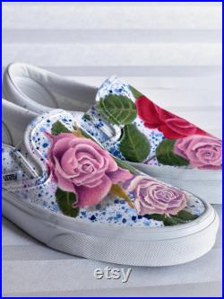 Custom Vans Sneakers with Pink and Red Roses, Grunge Floral Hand Painted Shoes, Unique Gifts for Her.