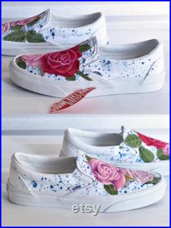 Custom Vans Sneakers with Pink and Red Roses, Grunge Floral Hand Painted Shoes, Unique Gifts for Her.