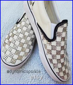 Custom bling checkered slip-on vans sneakers