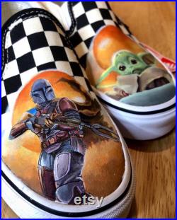 Custom painted Mandolarian van, custom shoes, baby yoda shoes, custom Star Wars shoes, baby yoda painting