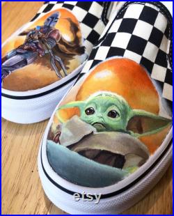 Custom painted Mandolarian van, custom shoes, baby yoda shoes, custom Star Wars shoes, baby yoda painting