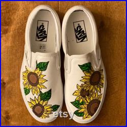 Custom painted white sunflower Vans Slip-ons