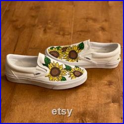 Custom painted white sunflower Vans Slip-ons