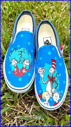 Custom vans, custom cartoon shoes, painted vans, gift for her, gift for him, Dr Seuss shoes, teacher gift, Cat and the Hat shoes