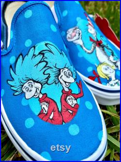 Custom vans, custom cartoon shoes, painted vans, gift for her, gift for him, Dr Seuss shoes, teacher gift, Cat and the Hat shoes