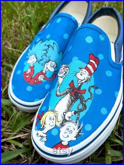 Custom vans, custom cartoon shoes, painted vans, gift for her, gift for him, Dr Seuss shoes, teacher gift, Cat and the Hat shoes