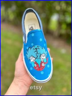 Custom vans, custom cartoon shoes, painted vans, gift for her, gift for him, Dr Seuss shoes, teacher gift, Cat and the Hat shoes