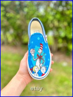 Custom vans, custom cartoon shoes, painted vans, gift for her, gift for him, Dr Seuss shoes, teacher gift, Cat and the Hat shoes