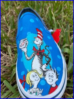 Custom vans, custom cartoon shoes, painted vans, gift for her, gift for him, Dr Seuss shoes, teacher gift, Cat and the Hat shoes