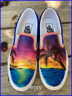 Customizable Sunset Vans Slip-ons Painted Shoes Beach Sunset Palm Trees