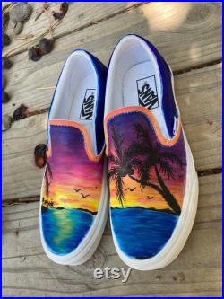Customizable Sunset Vans Slip-ons Painted Shoes Beach Sunset Palm Trees