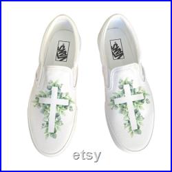 Customized Religious Cross on White Slip On Vans Shoes