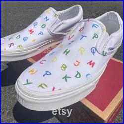 Cute Letter Chalk Board Colorful Alphabet Custom Vans White Slip On Shoes Pre School Kindergarten Elementary Teacher Day Care Alphabet ABC