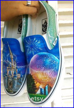 Disney parks shoes,Disney themed shoes,custom Disney shoes,Disney shoes,hand painted vans,Cinderella castle,epcot center,Disney vans