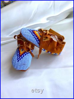 Fully Beaded Blue Moccasins Lakota Design Handmade Native American Regalia