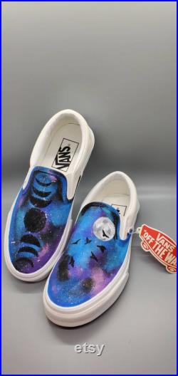 Galaxy Moon Phases Painted Vans Custom Design Shoes Mens Womens Kids Slip On