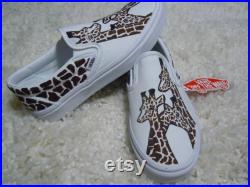 Giraffee monochromatic hand painted slip on vans shoes with animal print around, custom made for animal lover