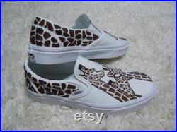 Giraffee monochromatic hand painted slip on vans shoes with animal print around, custom made for animal lover