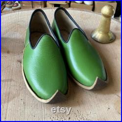 Green Color Unisex Model Handmade Leather Ottoman Yemen, Medieval Sandals, Boho,Mother's Day Gift, Bridesmaid Wedding Shoes, Healthy Slip On