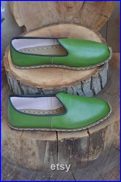 Green Color Unisex Model Handmade Leather Ottoman Yemen, Medieval Sandals, Boho,Mother's Day Gift, Bridesmaid Wedding Shoes, Healthy Slip On