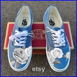 Greyscale Roses on Navy Authentic Vans Shoes Vans Authentic Shoes for Women and Men
