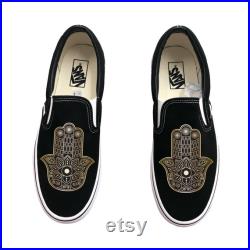 Hamsa Hand Custom Black Slip On Vans Shoes