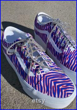 Hand Painted Buffalo Bills Zubaz Vans Old Skool Stackform Shoe with Bling Laces.