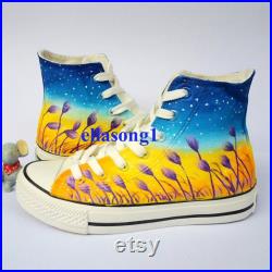 Hand Painted Lavender Shoes Girls Casual High Top Flat Shoes,Custom Painting Sneakers,Unique Flower Casual Shoes