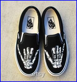 Hand Painted Shaka Skeleton Hands Black Canvas Slip On Vans Shoes Men's and Women's Vans Shoes