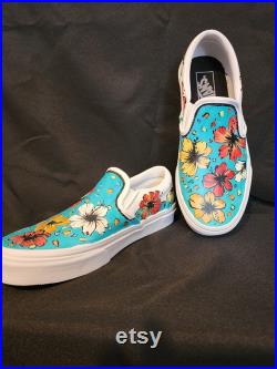 Hand Painted White Vans Leather Slip ons Aqua w Red, Orange, Yellow, White floral design. Read description for sizes and details.