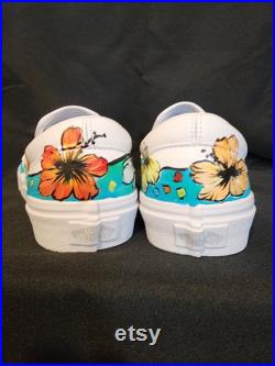 Hand Painted White Vans Leather Slip ons Aqua w Red, Orange, Yellow, White floral design. Read description for sizes and details.