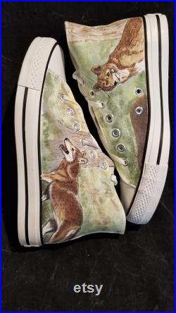 Hand drawn custom shoes dog, wolf designs