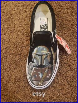 Hand painted The Mandelorian Vans Shoes Grogu Baby Yoda The Child and Din Djarin Star Wars slip on canvas