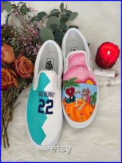 Hand painted bad bunny and team jersey slip on vans sneakers