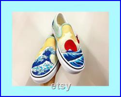 Hand-painted custom The Great Wave Japanese Art Ukiyoe on Vans SlipOns (also available on Nike air force 1 or shoes of your choice)