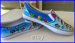 Hand painted, custom kicks. Shoes made to order- Slip-on style sneakers. Select Generic brand, Toms, or Vans. Artwork on ALL sides.