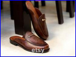 Handmade Brown Premium Leather Stylish Mules Slip On Loafers for Men Black Friday Special