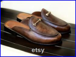 Handmade Brown Premium Leather Stylish Mules Slip On Loafers for Men Black Friday Special