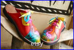 Handmade Custom Red Leather Lace Clogs Shoes Pink Flamingo Painted Landscape Airbrushed, Custom Made or stock Size 5, 6, 7, 8, 9, 10