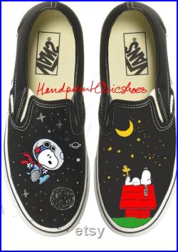 Handpainted Snoopy shoes,Black Snoopy sleep,Snoopy space inspired Black sneaker,Black Vans,Black local shoes,Unisex slip on,Gift for friend