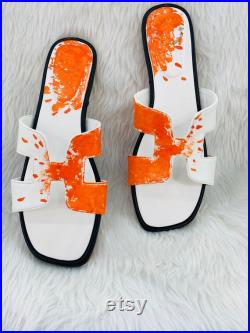 Handpainted Splash orange H Pattern Flats for women, White rexxin flats for women, Casual Wear Flats for women, White casual for daily wear