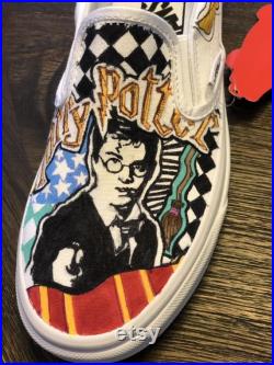 Harry Potter themed custom hand painted slip on Vans sneakers, Harry Potter Slip On Vans Shoes