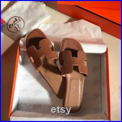 Hermes oran sandal ladies Gold tan flats size 8 sandals camel